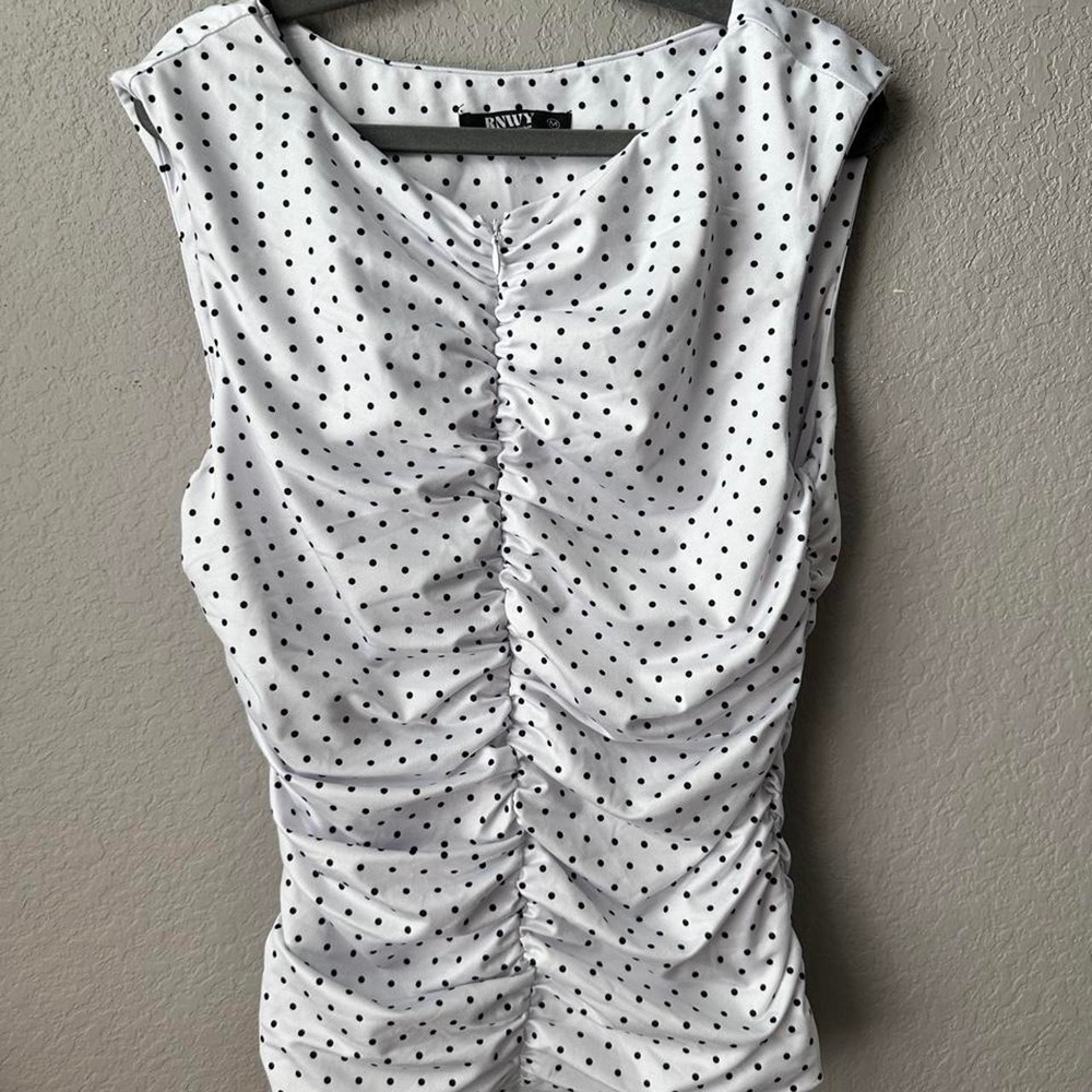 White & Black Polka Dot Ruched Zip-Front Sleeveless Top Size M